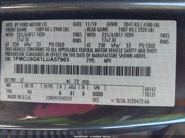 Ford ESCAPE SE 2020 1FMCU9G61LUA57963 Image 9