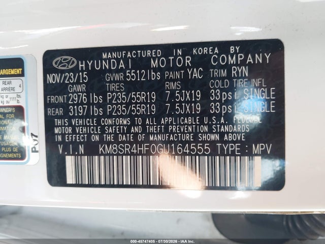 Hyundai Santa Fe Limited 2016 KM8SR4HF0GU164555 Image 9