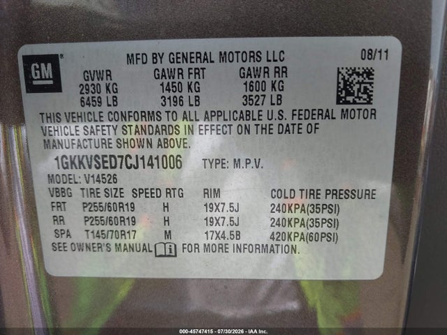Продажа на аукционе авто 2012 Gmc Acadia Slt-2, vin: 1GKKVSED7CJ141006, номер лота: 45747415