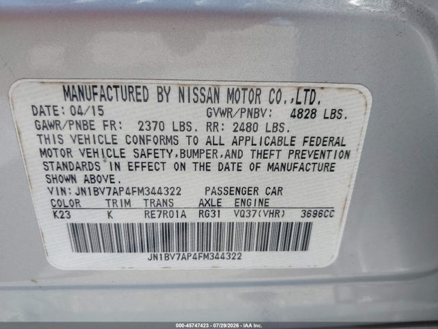 Продажа на аукционе авто 2015 Infiniti Q50 Premium, vin: JN1BV7AP4FM344322, номер лота: 45747423