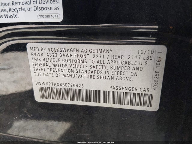 Продажа на аукционе авто 2011 Volkswagen Cc Sport, vin: WVWNP7AN8BE726425, номер лота: 45747425