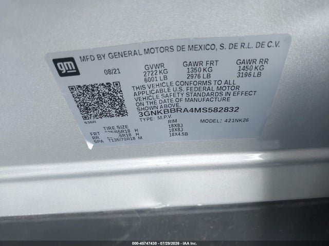 2021 Chevrolet Blazer Fwd 1lt მანქანა იყიდება აუქციონზე, vin: 3GNKBBRA4MS582832, აუქციონის ნომერი: 45747430