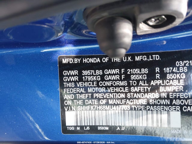 45747435 :رقم المزاد ، SHHFK7H68MU417703 vin ، 2021 Honda Civic Ex مزاد بيع