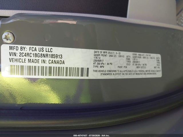 45747437 :رقم المزاد ، 2C4RC1BG8NR185913 vin ، 2022 Chrysler Pacifica Touring L مزاد بيع