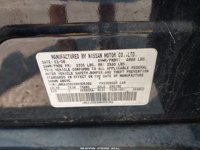 45747454 :رقم المزاد ، JNKAJ09E68M305392 vin ، 2008 Infiniti Ex35 Journey مزاد بيع