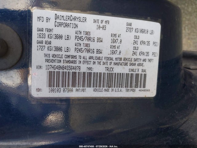 Продажа на аукционе авто 2004 Dodge Dakota Slt, vin: 1D7HG48N84S564078, номер лота: 45747458