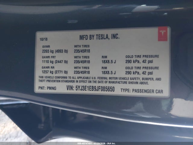 Tesla Model 3 Long Range/performance 2018 5YJ3E1EB9JF085650 Image 9