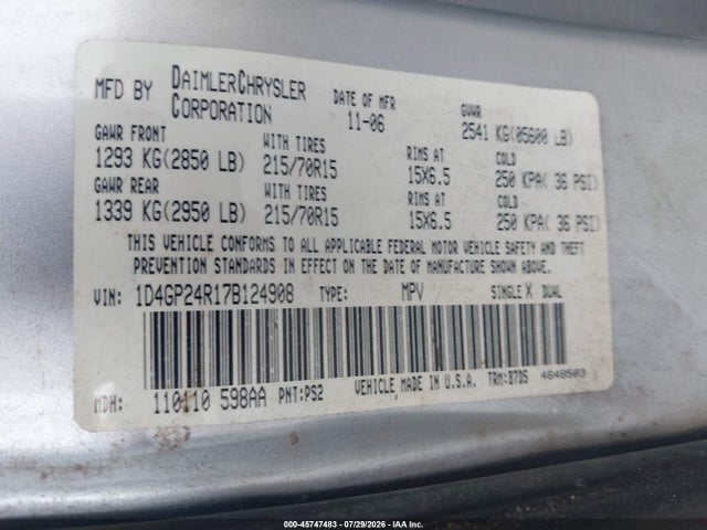 Aukcja sprzedaży 2007 Dodge Grand Caravan Se, vin: 1D4GP24R17B124908, numer aukcji: 45747483