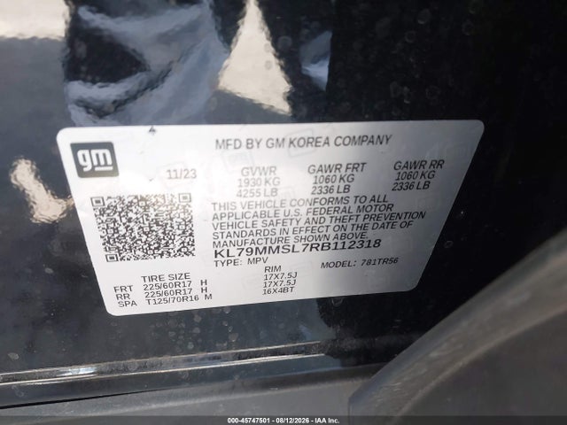 2024 Chevrolet Trailblazer Fwd Ls მანქანა იყიდება აუქციონზე, vin: KL79MMSL7RB112318, აუქციონის ნომერი: 45747501