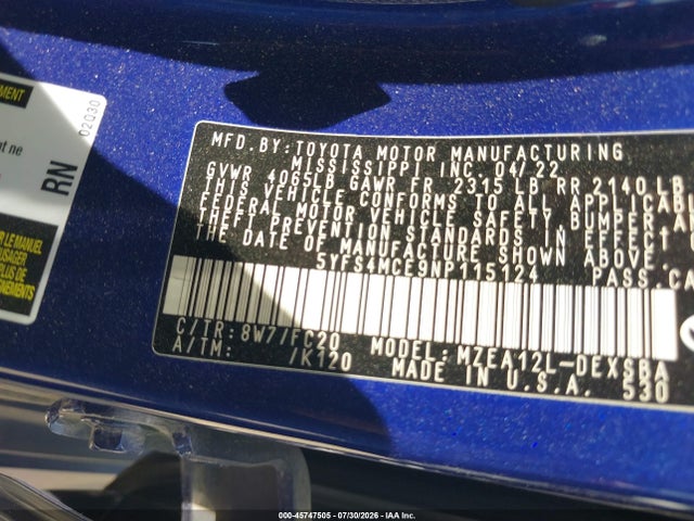 Aukcja sprzedaży 2022 Toyota Corolla Se, vin: 5YFS4MCE9NP115124, numer aukcji: 45747505
