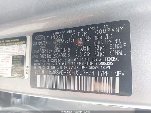 Aukcja sprzedaży 2017 Hyundai Santa Fe Se, vin: KM8SMDHF9HU207824, numer aukcji: 45747509