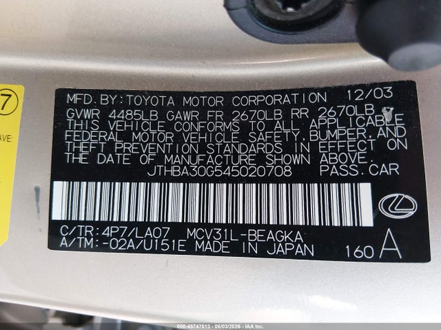 Aukcja sprzedaży 2004 Lexus Es 330, vin: JTHBA30G545020708, numer aukcji: 45747513