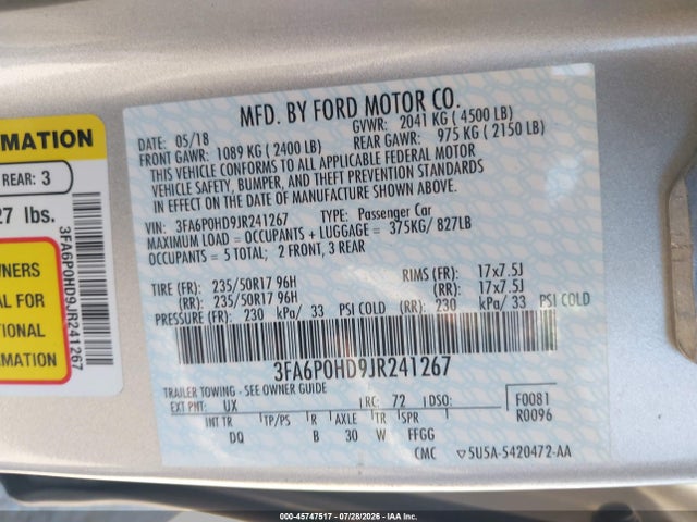 45747517 :رقم المزاد ، 3FA6P0HD9JR241267 vin ، 2018 Ford Fusion Se مزاد بيع