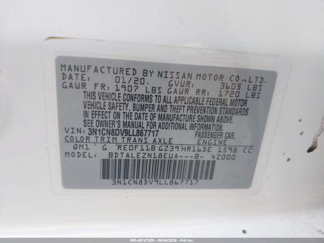 Aukcja sprzedaży 2020 Nissan Versa S Xtronic Cvt, vin: 3N1CN8DV9LL867717, numer aukcji: 45747520
