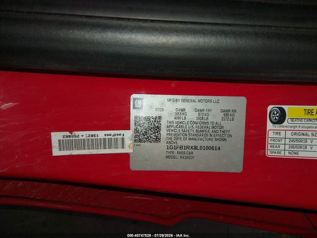 Aukcja sprzedaży 2020 Chevrolet Camaro Rwd  1lt, vin: 1G1FB1RX8L0100614, numer aukcji: 45747528