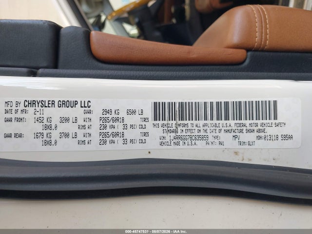 Продажа на аукционе авто 2011 Jeep Grand Cherokee Overland, vin: 1J4RR6GG7BC635859, номер лота: 45747531