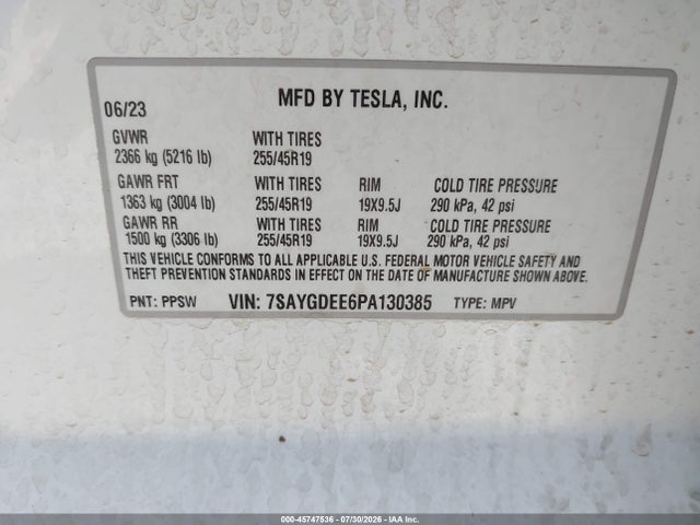 2023 Tesla Model Y Awd/long Range Dual Motor All-wheel Drive მანქანა იყიდება აუქციონზე, vin: 7SAYGDEE6PA130385, აუქციონის ნომერი: 45747536