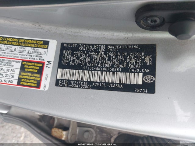 Aukcja sprzedaży 2008 Toyota Camry Se, vin: 4T1BE46K48U750981, numer aukcji: 45747542