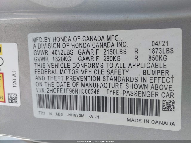 Продажа на аукционе авто 2022 Honda Civic Touring, vin: 2HGFE1F96NH300346, номер лота: 45747545