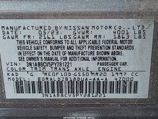 3N1AB8CV5PY281221 Nissan Sentra Sv Xtronic Cvt