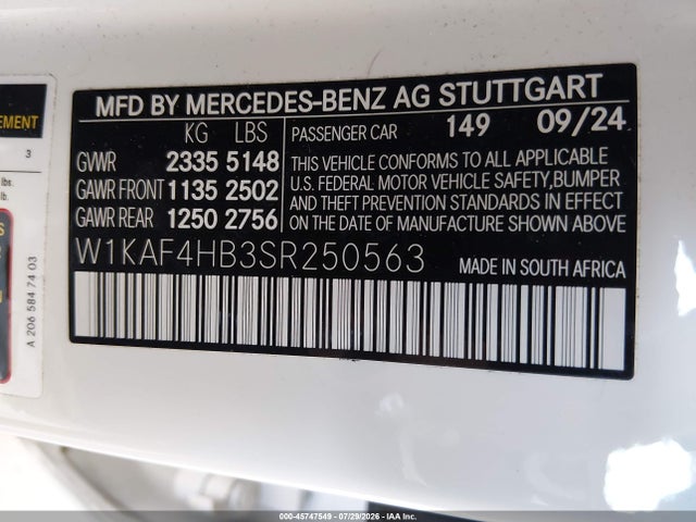 W1KAF4HB3SR250563 Mercedes-Benz C 300
