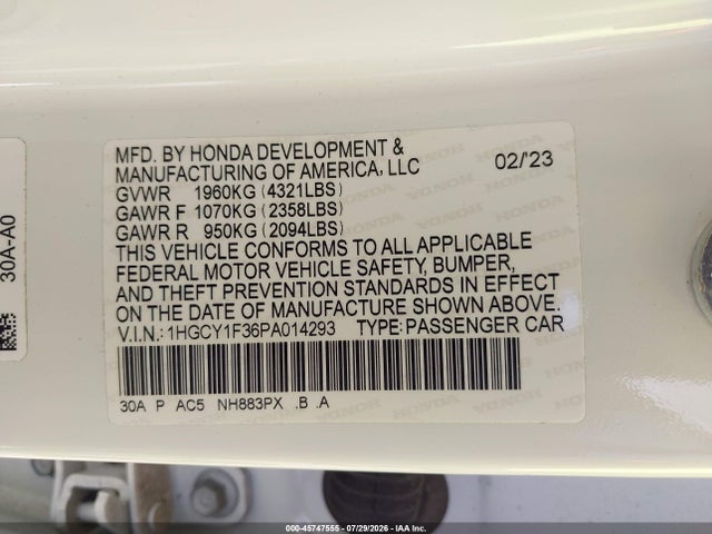 Продаж на аукціоні авто 2023 Honda Accord Ex, vin: 1HGCY1F36PA014293, номер лоту: 45747555