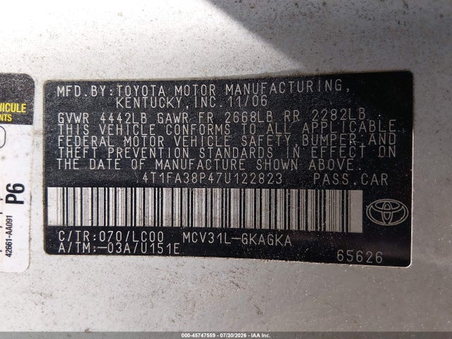 45747559 :رقم المزاد ، 4T1FA38P47U122823 vin ، 2007 Toyota Camry Solara Sle مزاد بيع