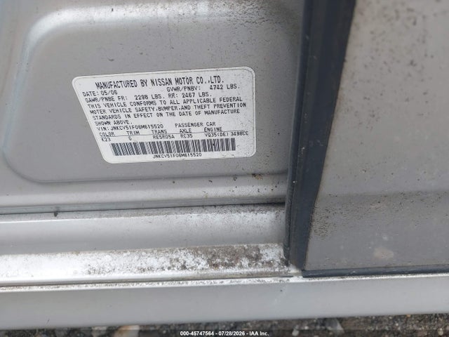 2006 Infiniti G35x მანქანა იყიდება აუქციონზე, vin: JNKCV51F06M615520, აუქციონის ნომერი: 45747564