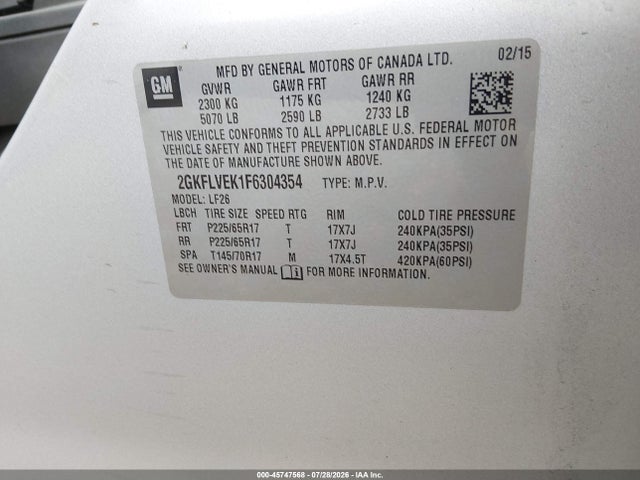 Aukcja sprzedaży 2015 Gmc Terrain Sle-1, vin: 2GKFLVEK1F6304354, numer aukcji: 45747568