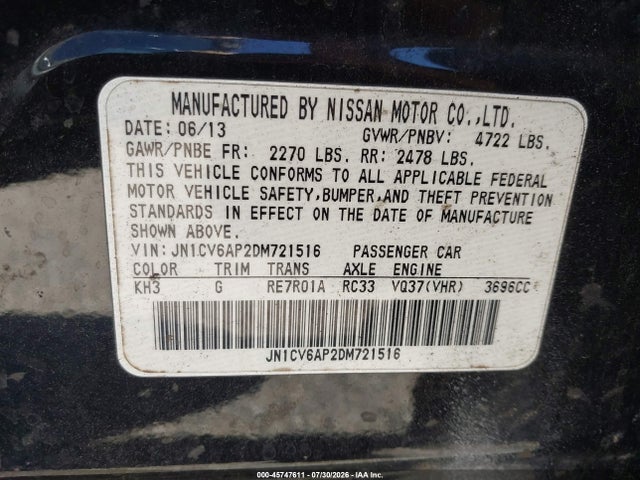 Продаж на аукціоні авто 2013 Infiniti G37 Journey, vin: JN1CV6AP2DM721516, номер лоту: 45747611