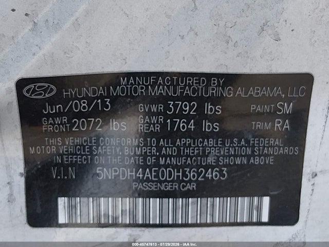 45747613 :رقم المزاد ، 5NPDH4AE0DH362463 vin ، 2013 Hyundai Elantra Gls مزاد بيع
