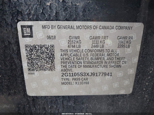 Chevrolet IMPALA 1LT 2018 2G1105S3XJ9177941 Image 9