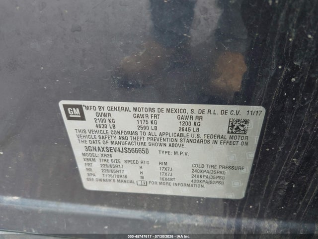 45747617 :رقم المزاد ، 3GNAXSEV4JS566650 vin ، 2018 Chevrolet Equinox Lt مزاد بيع