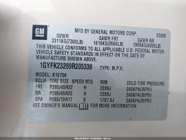 Продажа на аукционе авто 2009 Cadillac Escalade Standard, vin: 1GYFK23289R205338, номер лота: 45747619