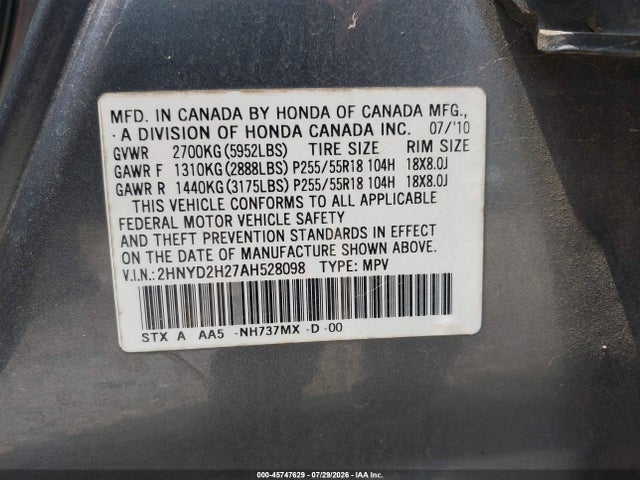 Продажа на аукционе авто 2010 Acura Mdx, vin: 2HNYD2H27AH528098, номер лота: 45747629