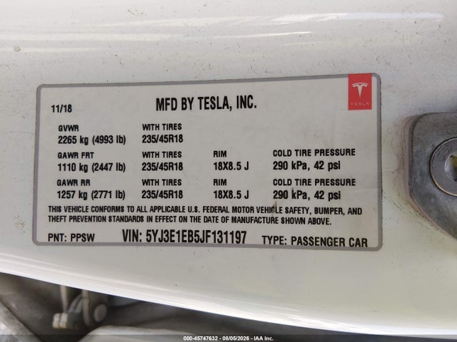 Продажа на аукционе авто 2018 Tesla Model 3 Long Range/performance, vin: 5YJ3E1EB5JF131197, номер лота: 45747632