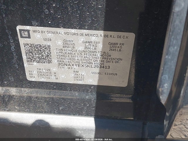 2019 Chevrolet Equinox Premier მანქანა იყიდება აუქციონზე, vin: 3GNAXYEX5KL293413, აუქციონის ნომერი: 45747634