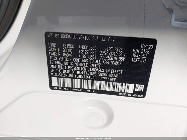 2021 Honda Hr-v 2wd Sport მანქანა იყიდება აუქციონზე, vin: 3CZRU5H13MM704521, აუქციონის ნომერი: 45747637