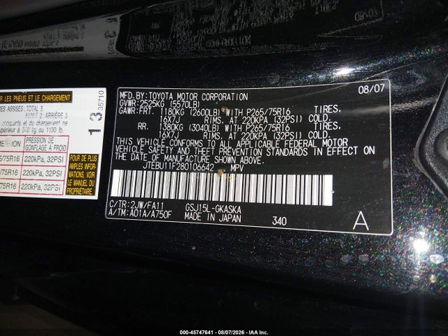 Aukcja sprzedaży 2008 Toyota Fj Cruiser, vin: JTEBU11F280106642, numer aukcji: 45747641