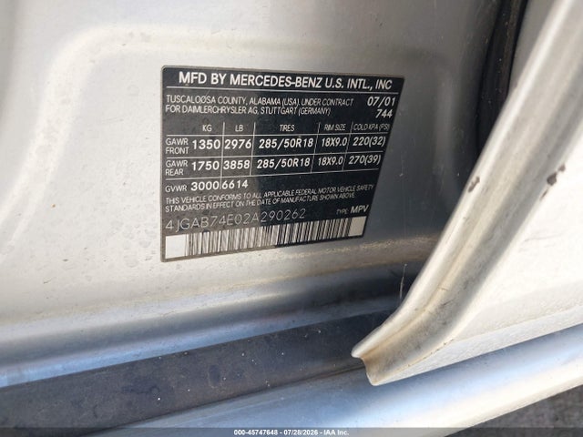 Продаж на аукціоні авто 2002 Mercedes-benz Ml 55 Amg, vin: 4JGAB74E02A290262, номер лоту: 45747648