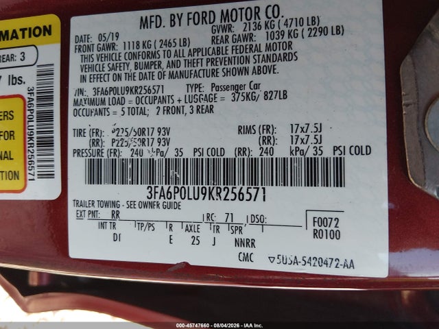 3FA6P0LU9KR256571 Ford Fusion Hybrid Se
