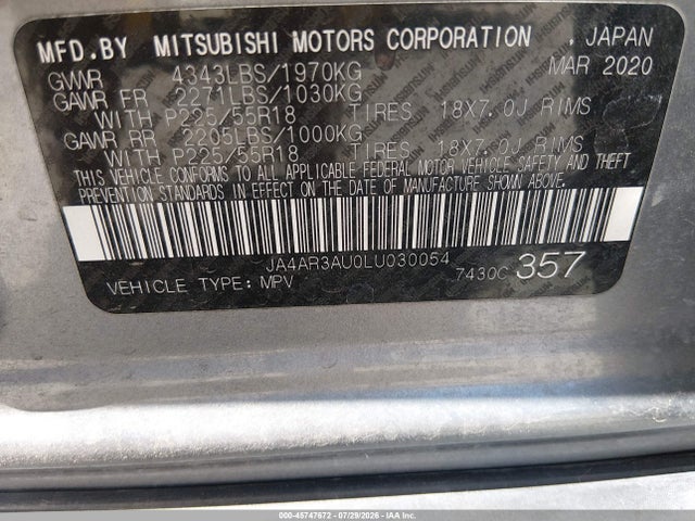 JA4AR3AU0LU030054 Mitsubishi Outlander Sport 2.0 Se Awc