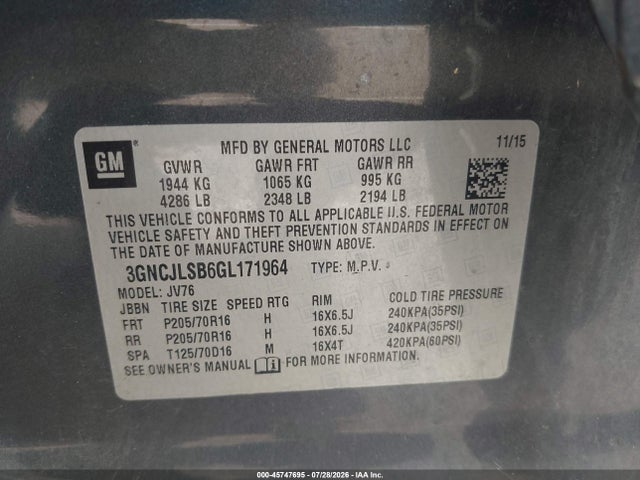 3GNCJLSB6GL171964 Chevrolet Trax Lt