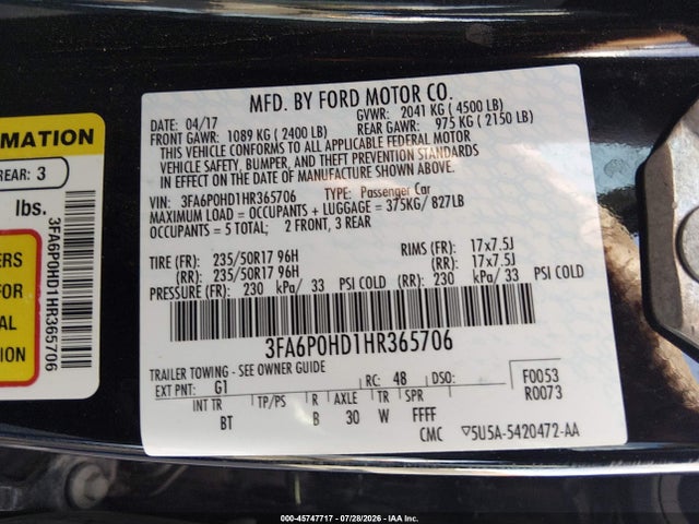 Ford FUSION SE 2017 3FA6P0HD1HR365706 Image 9