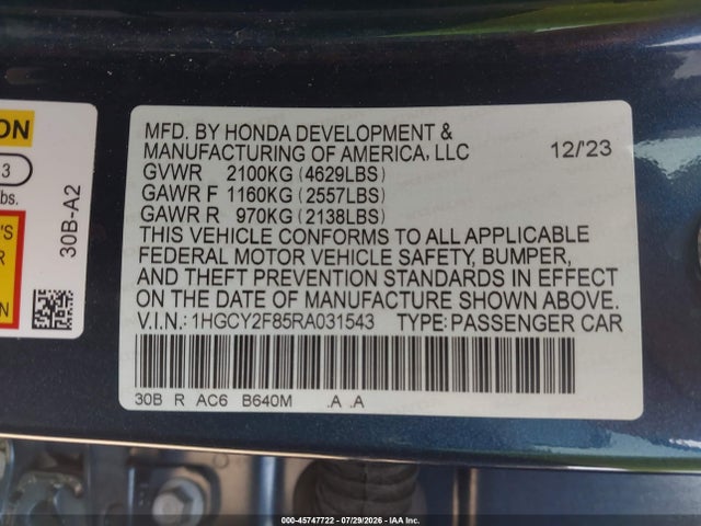 2024 Honda Accord Hybrid Touring მანქანა იყიდება აუქციონზე, vin: 1HGCY2F85RA031543, აუქციონის ნომერი: 45747722