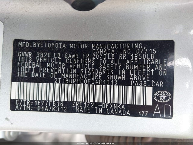 Продажа на аукционе авто 2015 Toyota Corolla Le, vin: 2T1BURHE0FC481013, номер лота: 45747730