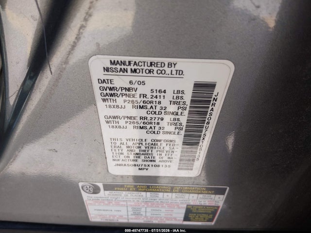 45747735 :رقم المزاد ، JNRAS08U75X108135 vin ، 2005 Infiniti Fx35 مزاد بيع