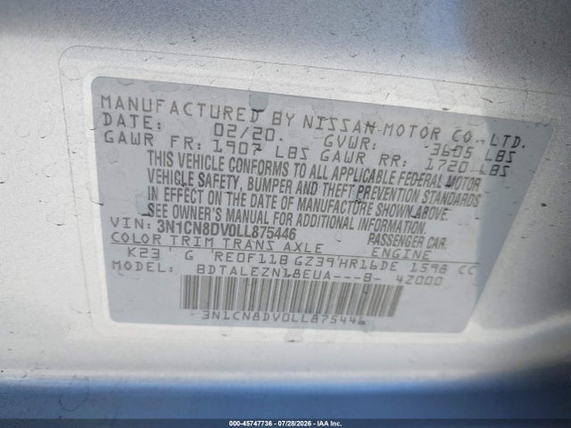 Aukcja sprzedaży 2020 Nissan Versa S Xtronic Cvt, vin: 3N1CN8DV0LL875446, numer aukcji: 45747736