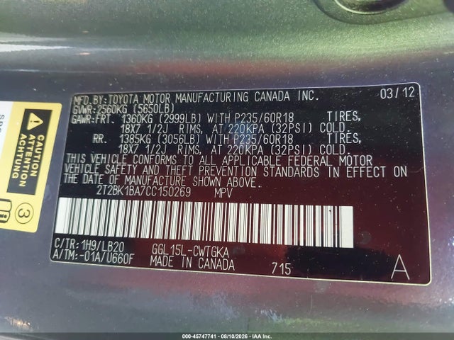 45747741 :رقم المزاد ، 2T2BK1BA7CC150269 vin ، 2012 Lexus Rx 350 مزاد بيع