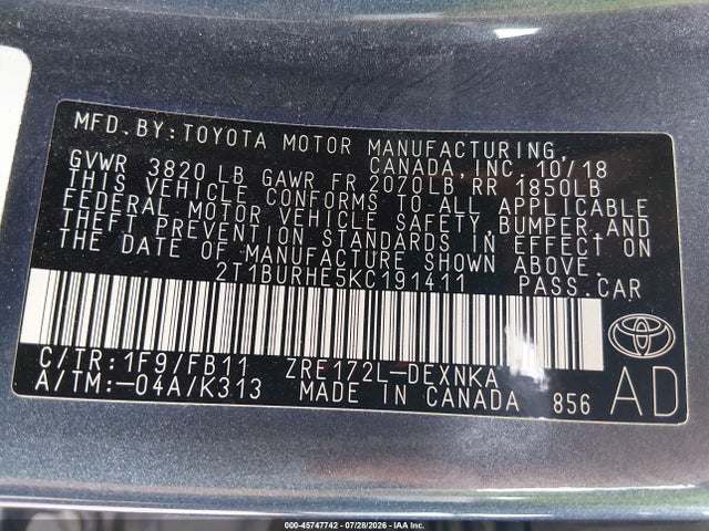 Продаж на аукціоні авто 2019 Toyota Corolla Le, vin: 2T1BURHE5KC191411, номер лоту: 45747742
